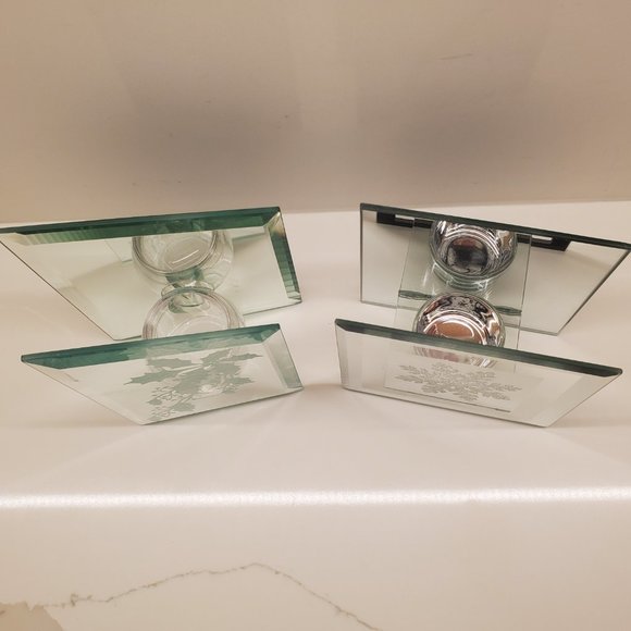 Holly Berry & Snowflake Glass Mirror Candle Holders 2pcs Holiday Decor / Gifts - Picture 3 of 14